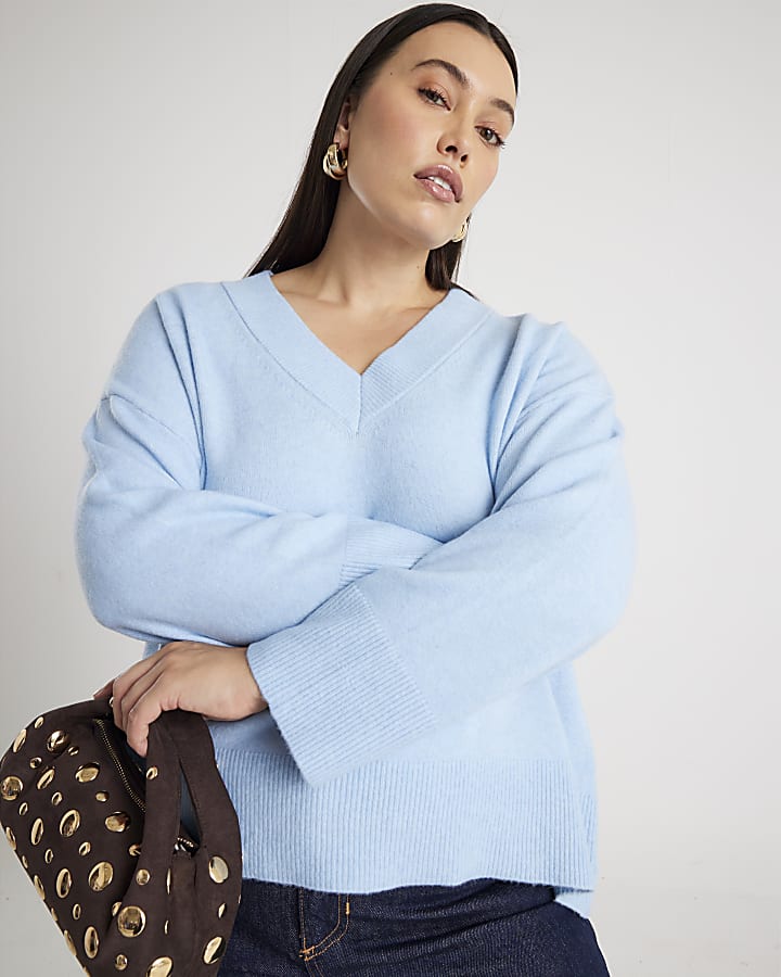 Blue V-Neck Knitted Jumper
