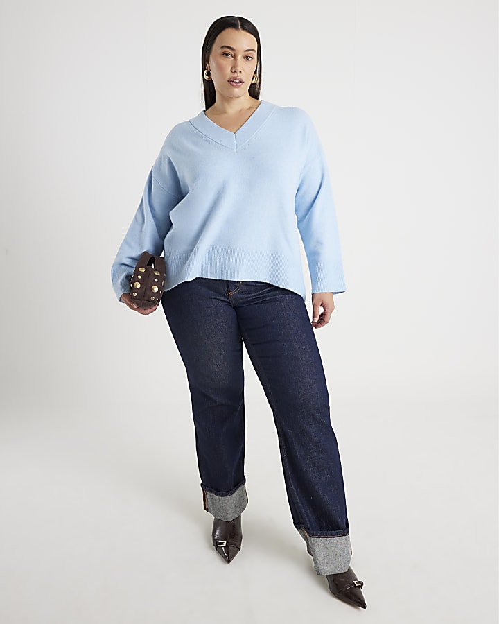 Blue V-Neck Knitted Jumper