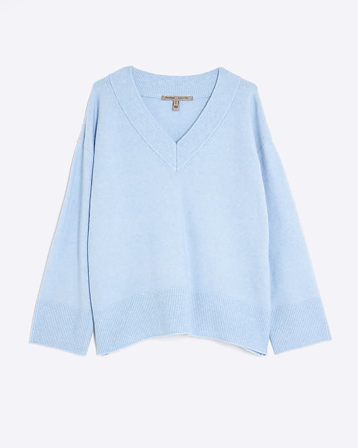 Blue V-Neck Knitted Jumper