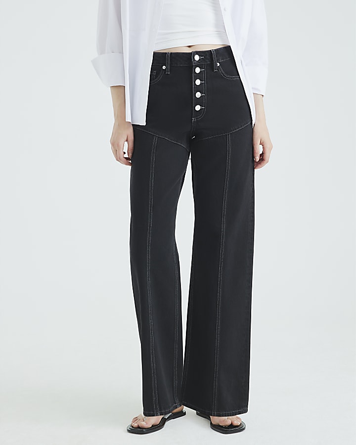 Black High Rise Relaxed Straight Leg Jeans