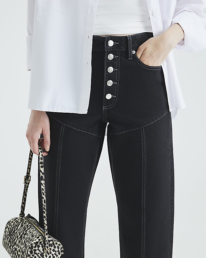 Black High Rise Relaxed Straight Leg Jeans