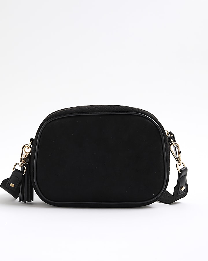 Black RR Faux Suede Monogram Cross Body Bag