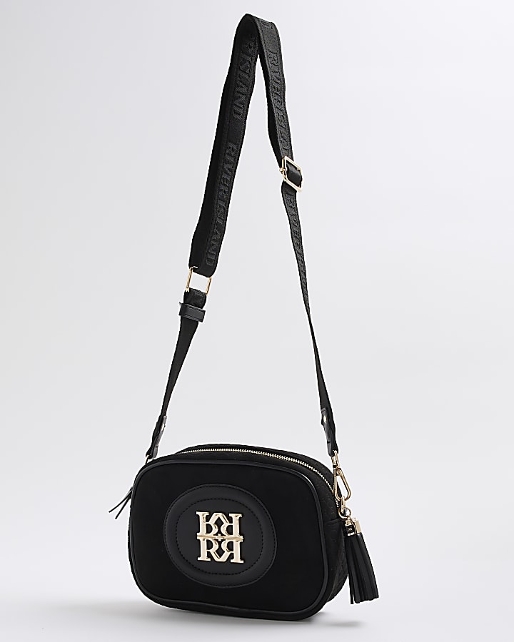 Black RR Faux Suede Monogram Cross Body Bag