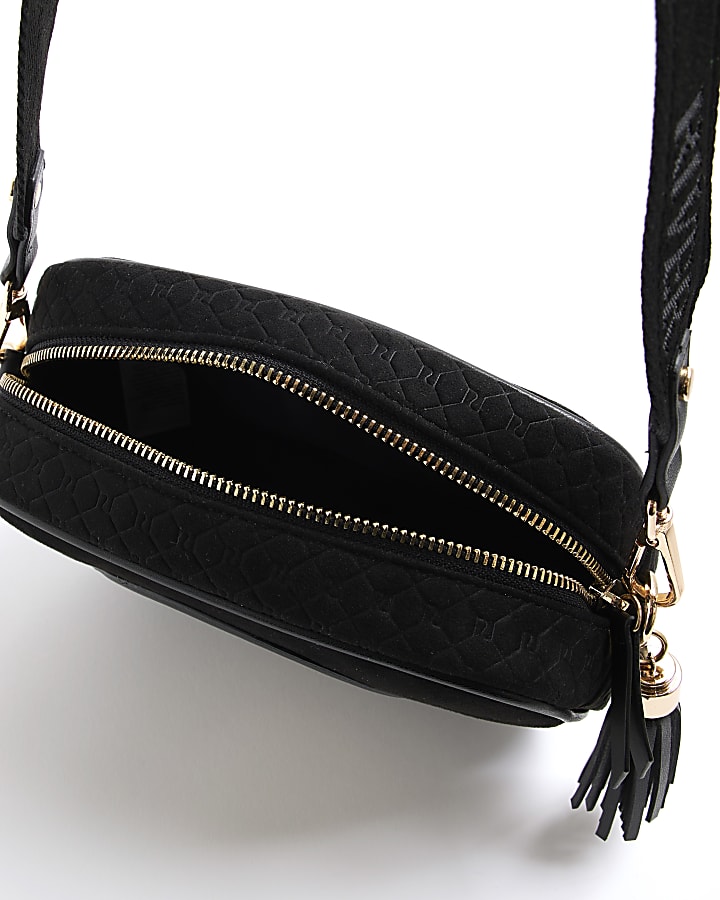 Black RR Faux Suede Monogram Cross Body Bag