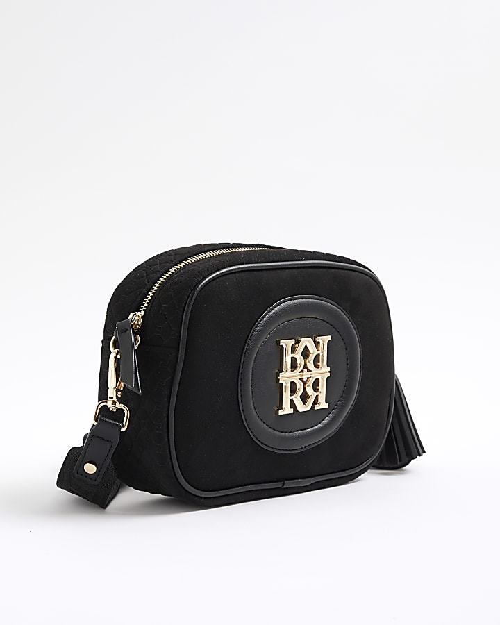 Black RR Faux Suede Monogram Cross Body Bag