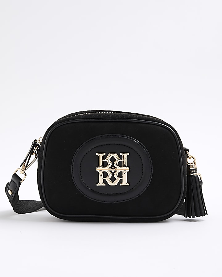 Black RR Faux Suede Monogram Cross Body Bag
