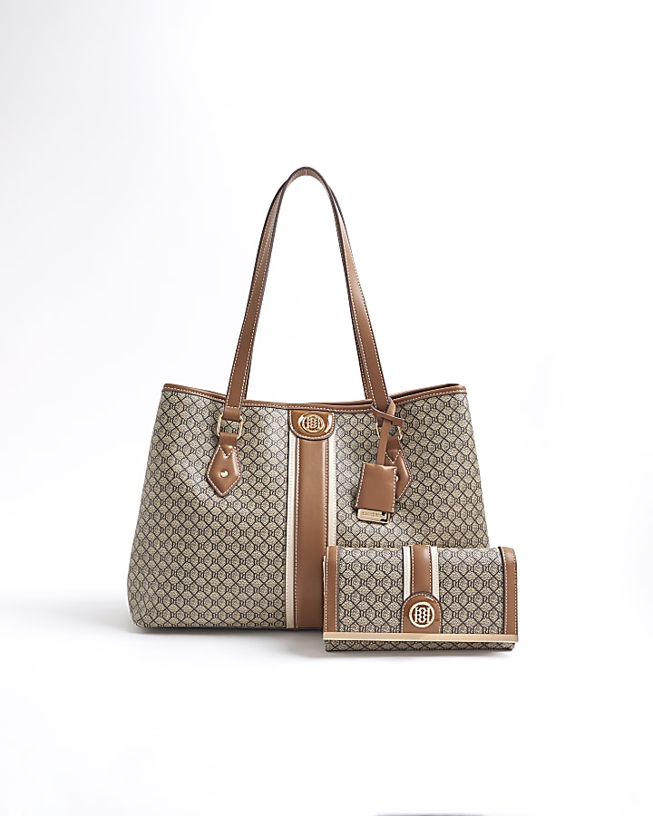 Brown RI Monogram Tote And Purse Bag Bundle