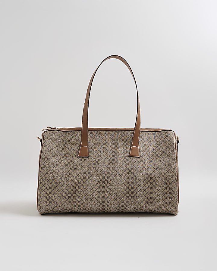 Beige Monogram Print Charm Holdall Bag