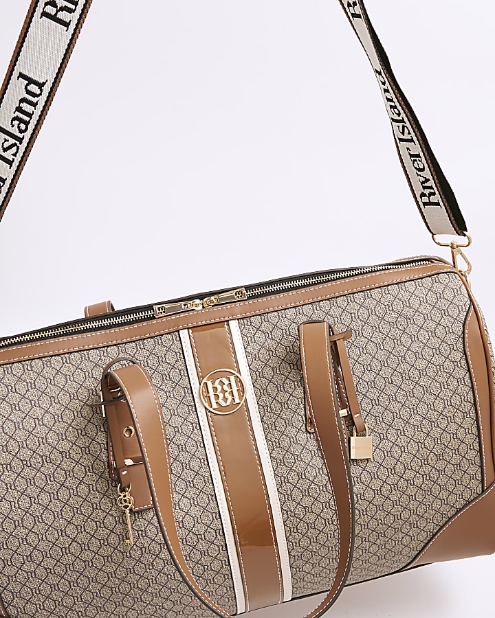 Beige Monogram Print Charm Holdall Bag