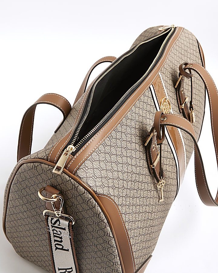 Beige Monogram Print Charm Holdall Bag