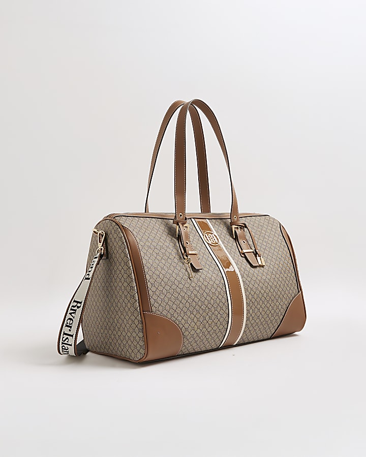 Beige Monogram Print Charm Holdall Bag