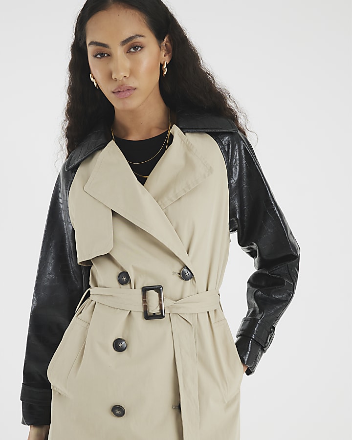Beige Faux Leather Sleeve Trench Coat