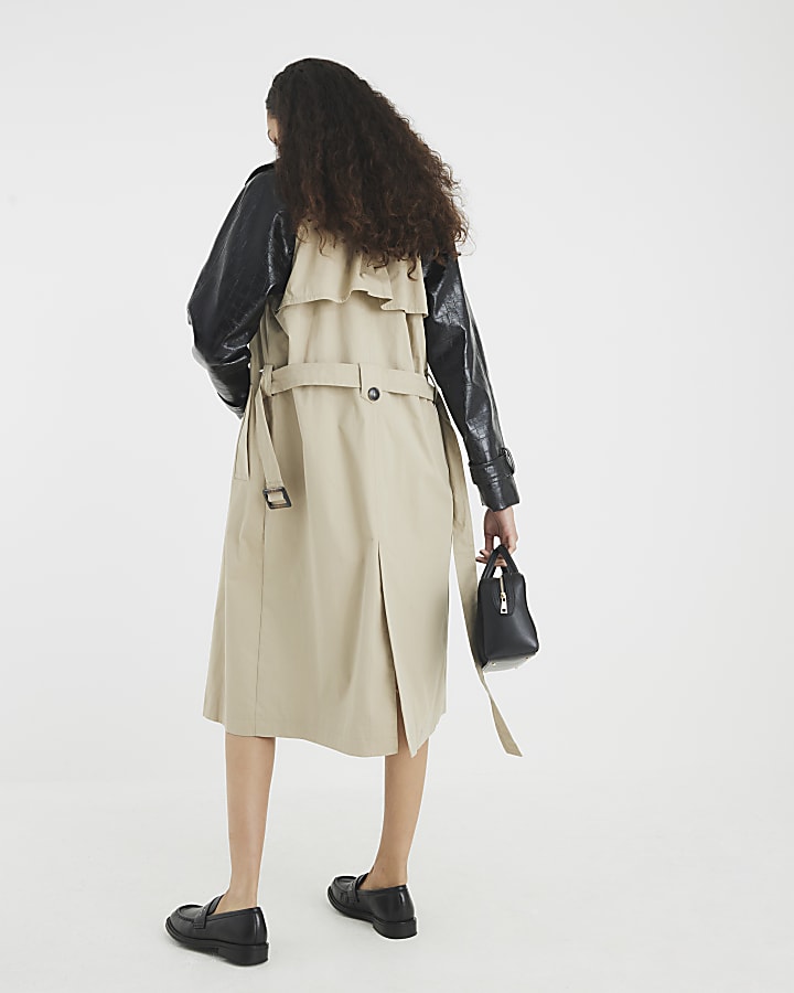 Beige Faux Leather Sleeve Trench Coat