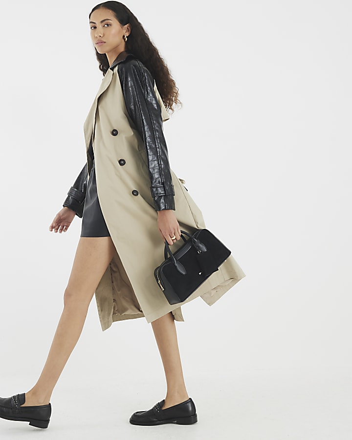 Beige Faux Leather Sleeve Trench Coat