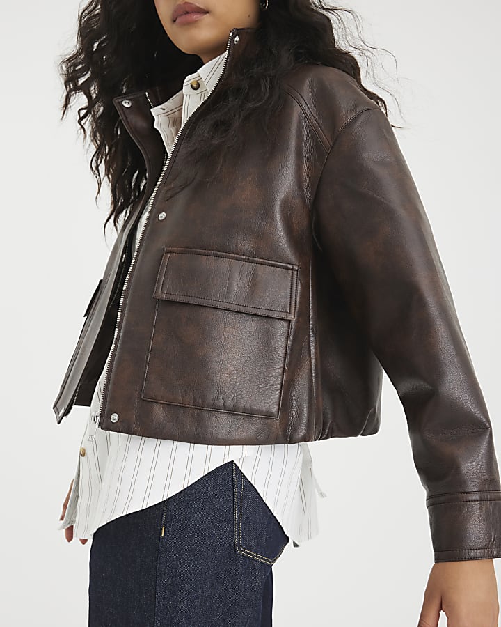 Brown Faux Leather Funnel Neck Bomber Jacket