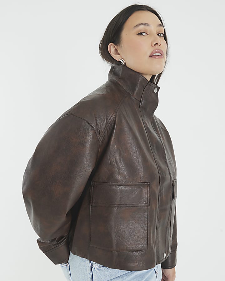 Brown Faux Leather Funnel Neck Bomber Jacket