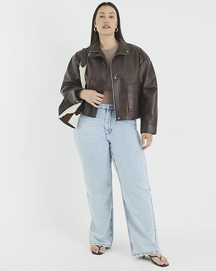 Brown Faux Leather Funnel Neck Bomber Jacket