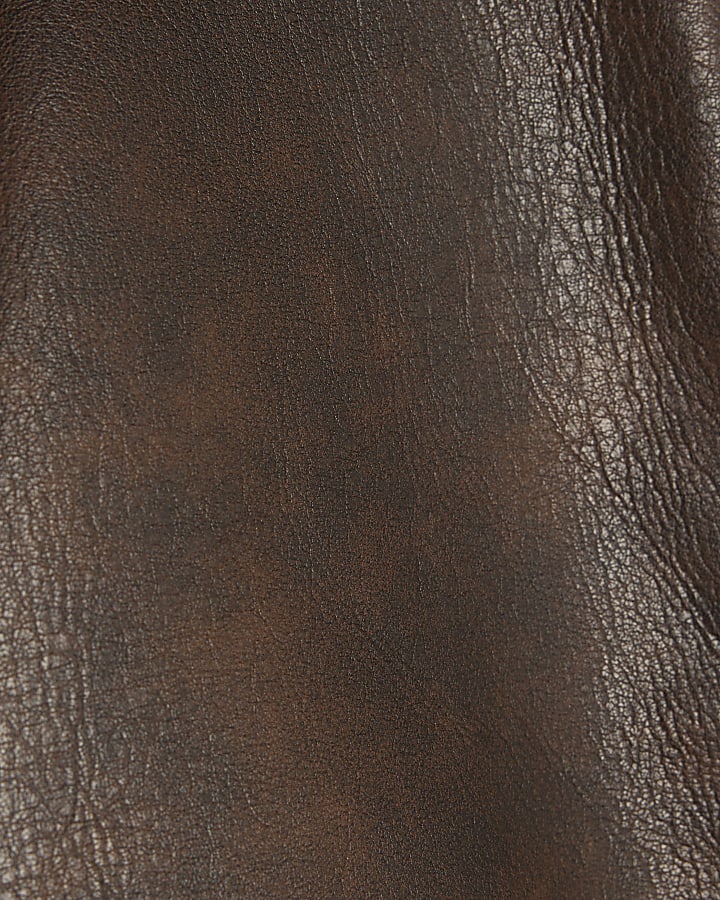 Brown Faux Leather Funnel Neck Bomber Jacket