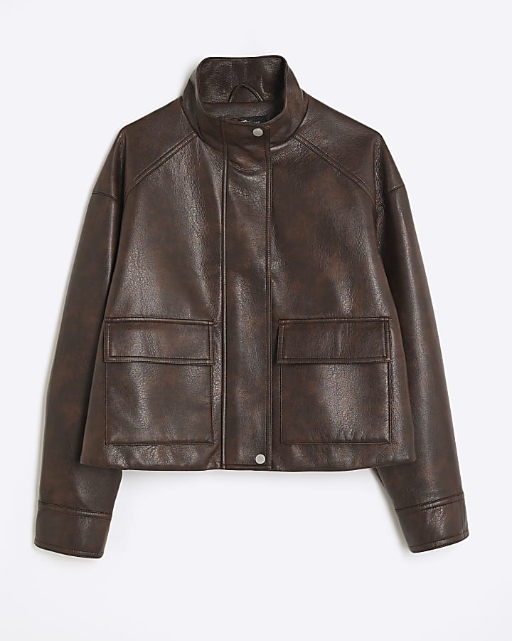 Brown Faux Leather Funnel Neck Bomber Jacket