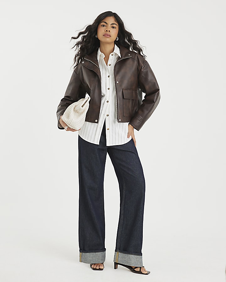 Brown Faux Leather Funnel Neck Bomber Jacket