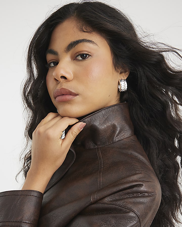 Brown Faux Leather Funnel Neck Bomber Jacket