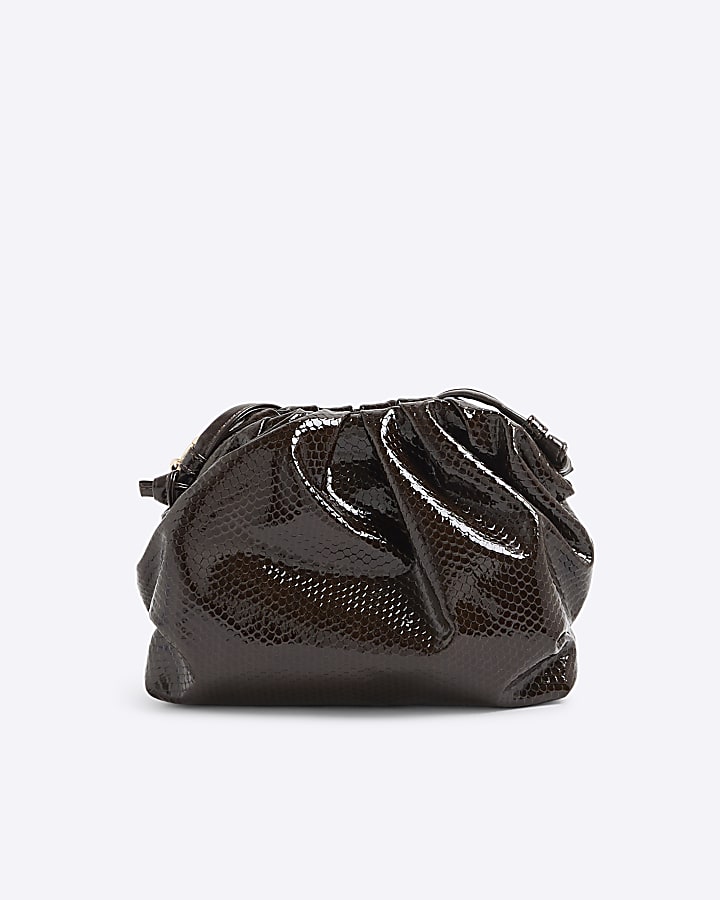 Brown Chain Front Ruched Cross Body Bag
