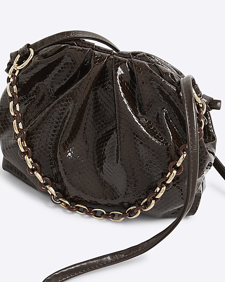 Brown Chain Front Ruched Cross Body Bag