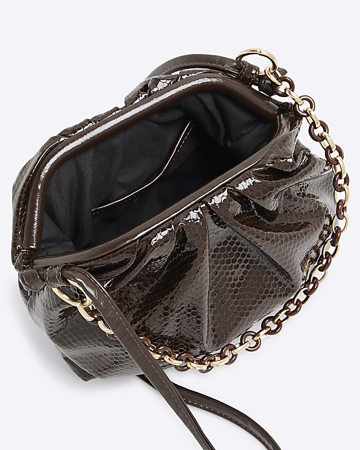Brown Chain Front Ruched Cross Body Bag