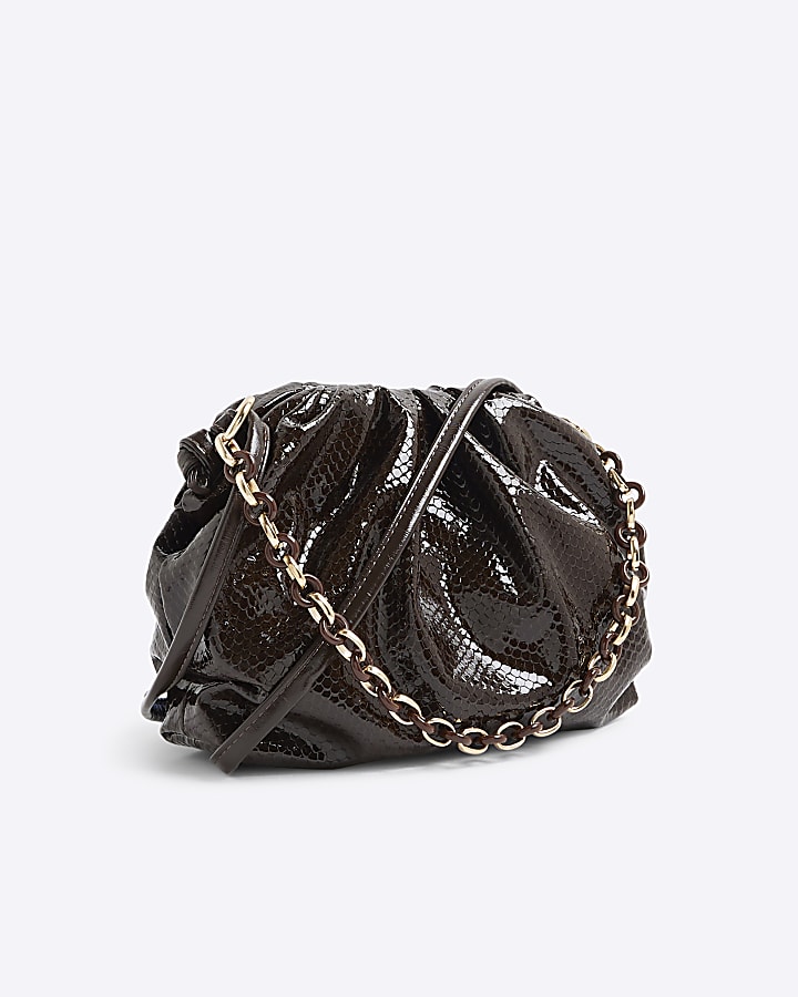 Brown Chain Front Ruched Cross Body Bag