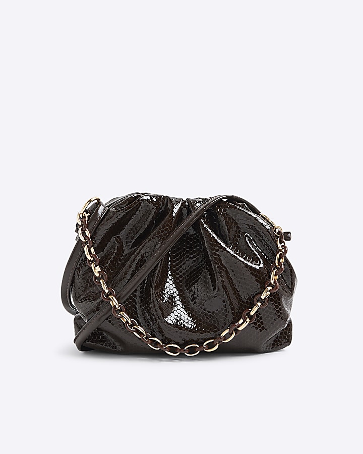Brown Chain Front Ruched Cross Body Bag