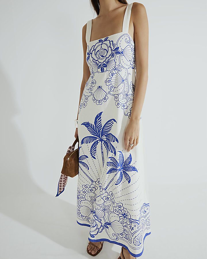 Blue Palm Print Maxi Dress