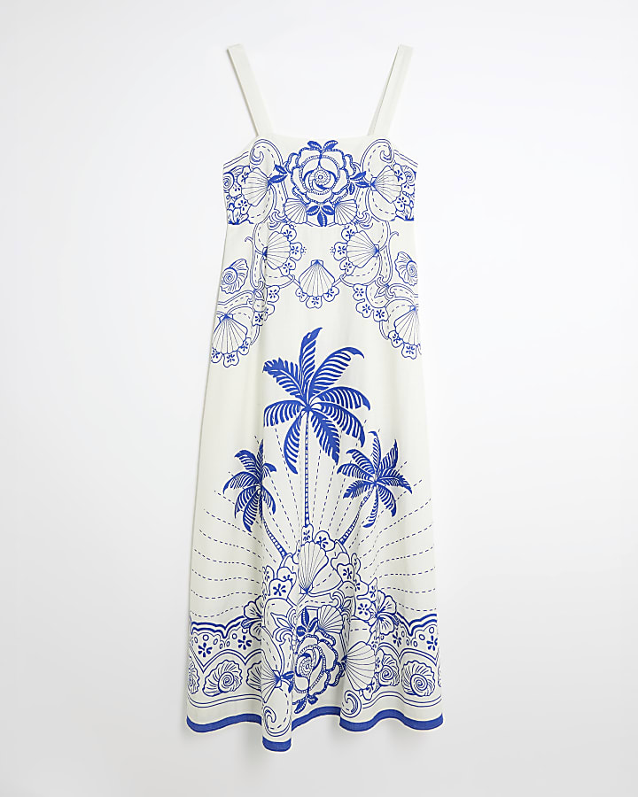 Blue Palm Print Maxi Dress