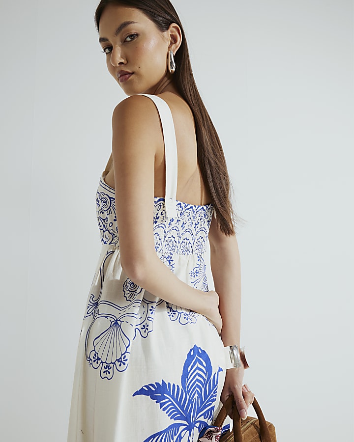 Blue Palm Print Maxi Dress