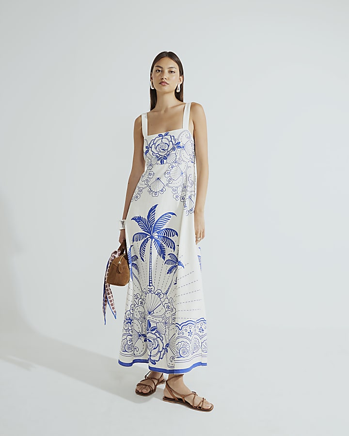 Blue Palm Print Maxi Dress