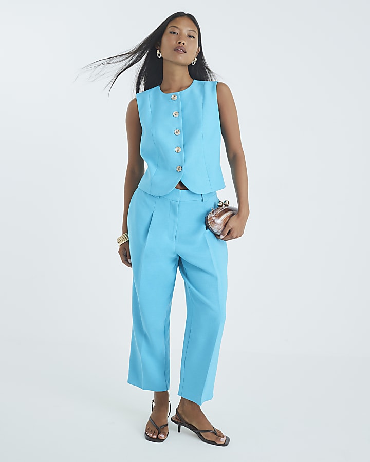 Petite Blue Tapered Straight Leg Trousers