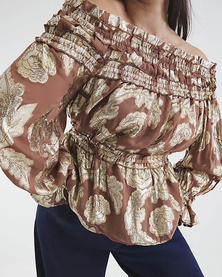 Brown Ruffled Gold Detail Bardot Top