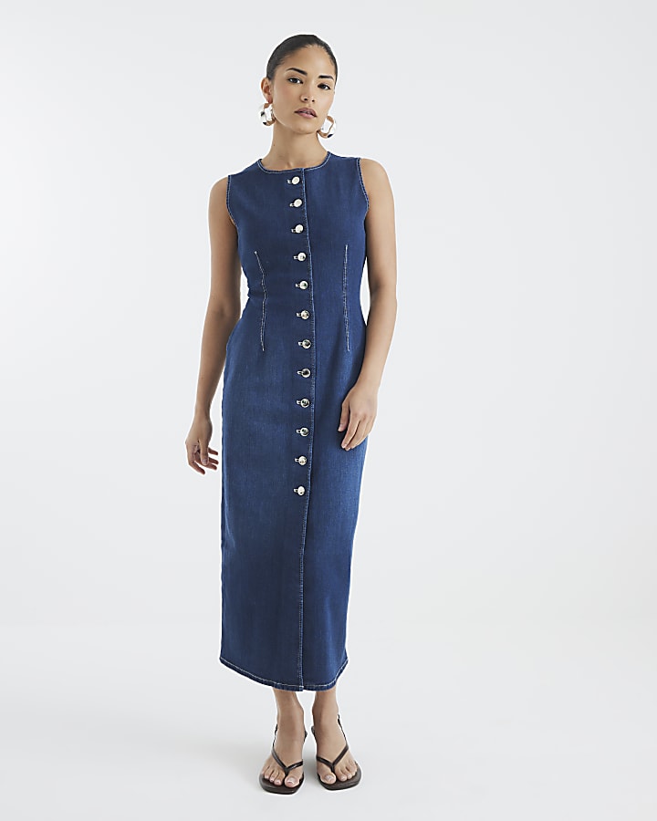 Petite Denim Button Midi Dress