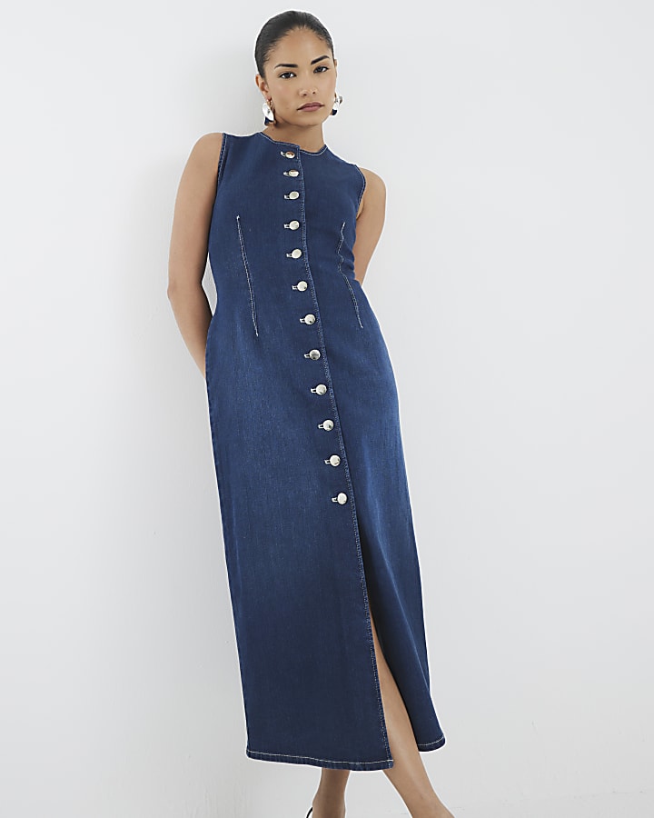 Petite Denim Button Midi Dress