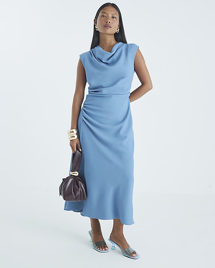Petite Blue Cowl Neck Midi Dress