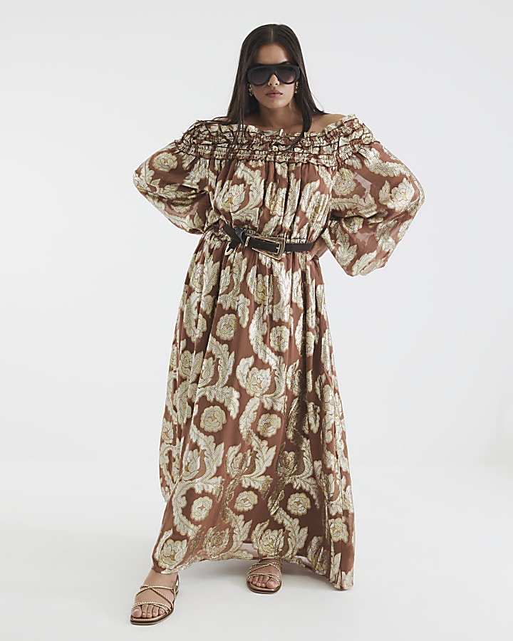 Brown Ruffled Gold Detail Bardot Maxi Dress