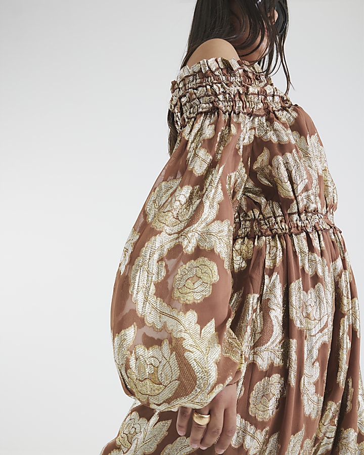 Brown Ruffled Gold Detail Bardot Maxi Dress
