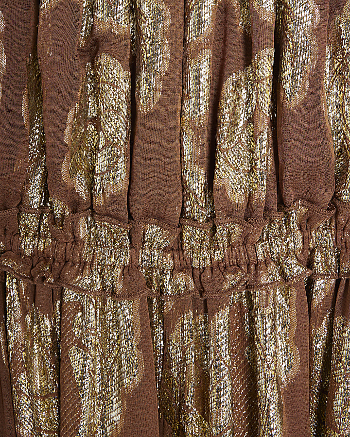 Brown Ruffled Gold Detail Bardot Maxi Dress