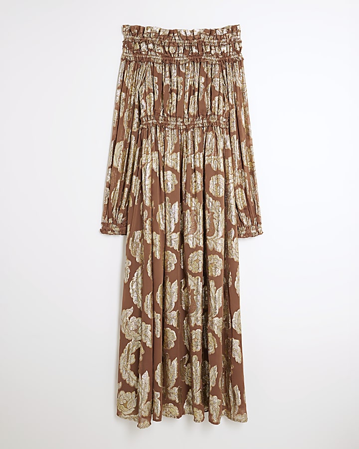 Brown Ruffled Gold Detail Bardot Maxi Dress