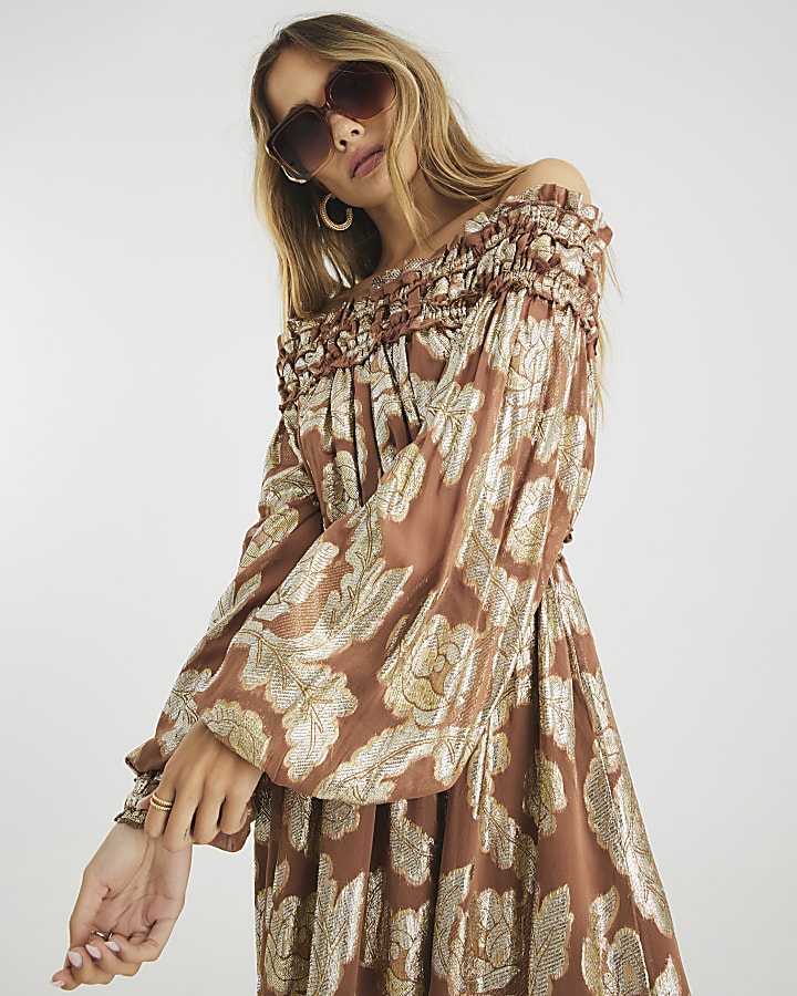 Brown Ruffled Gold Detail Bardot Maxi Dress