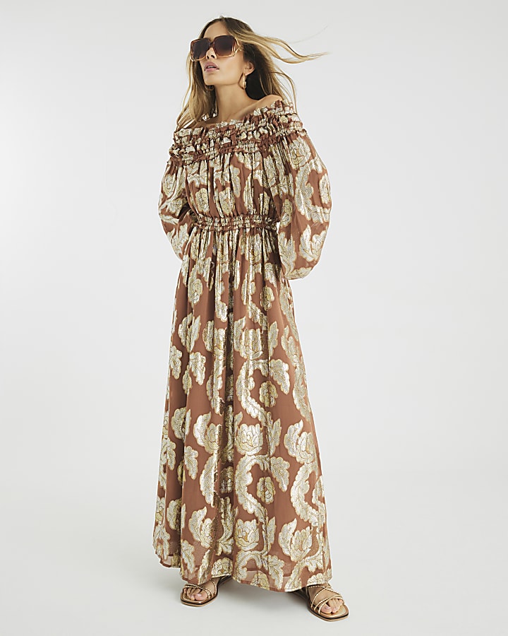 Brown Ruffled Gold Detail Bardot Maxi Dress