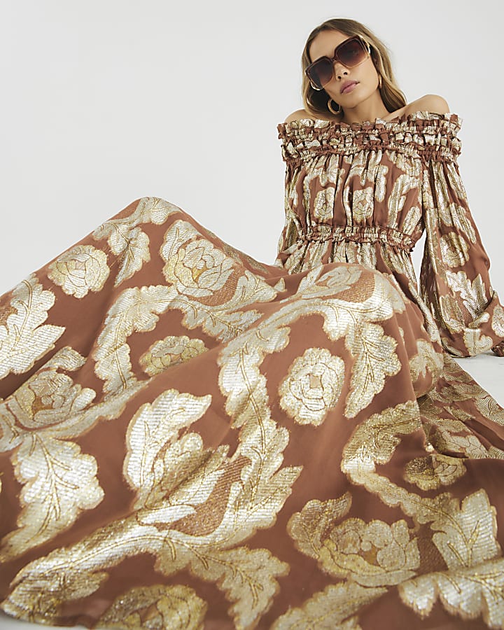 Brown Ruffled Gold Detail Bardot Maxi Dress