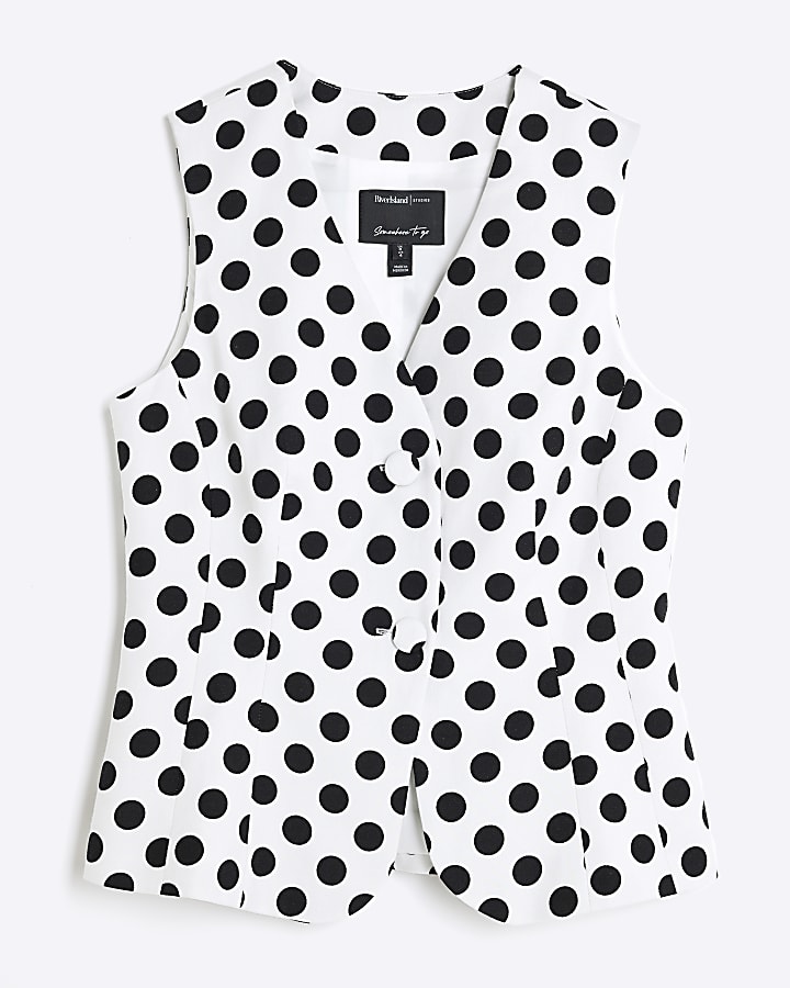 Petite White Polka Dot Linen Blend Waistcoat