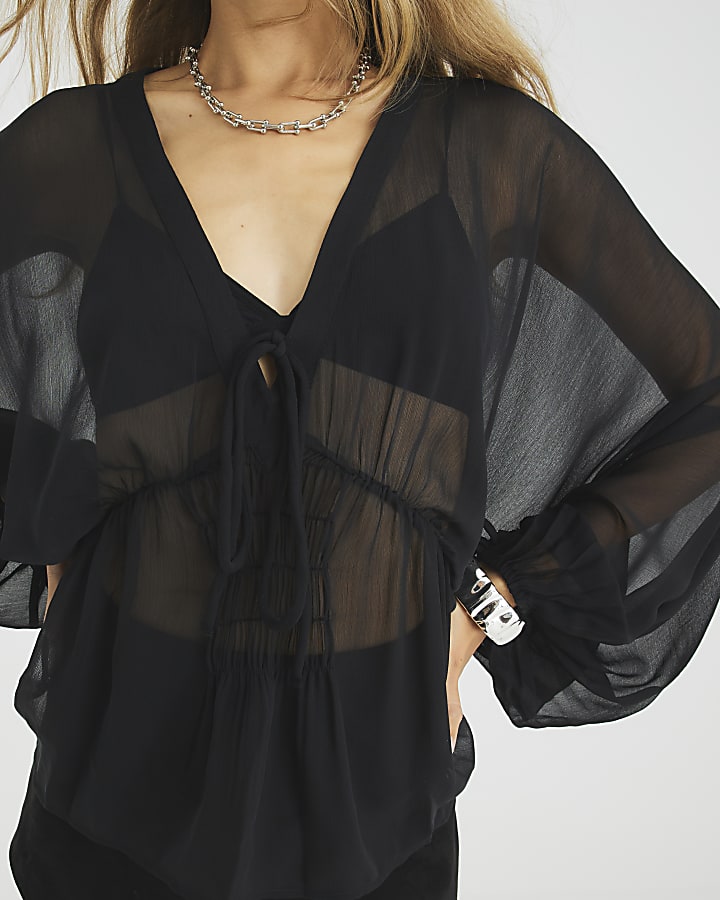 Black Long Sleeve Smocked Blouse