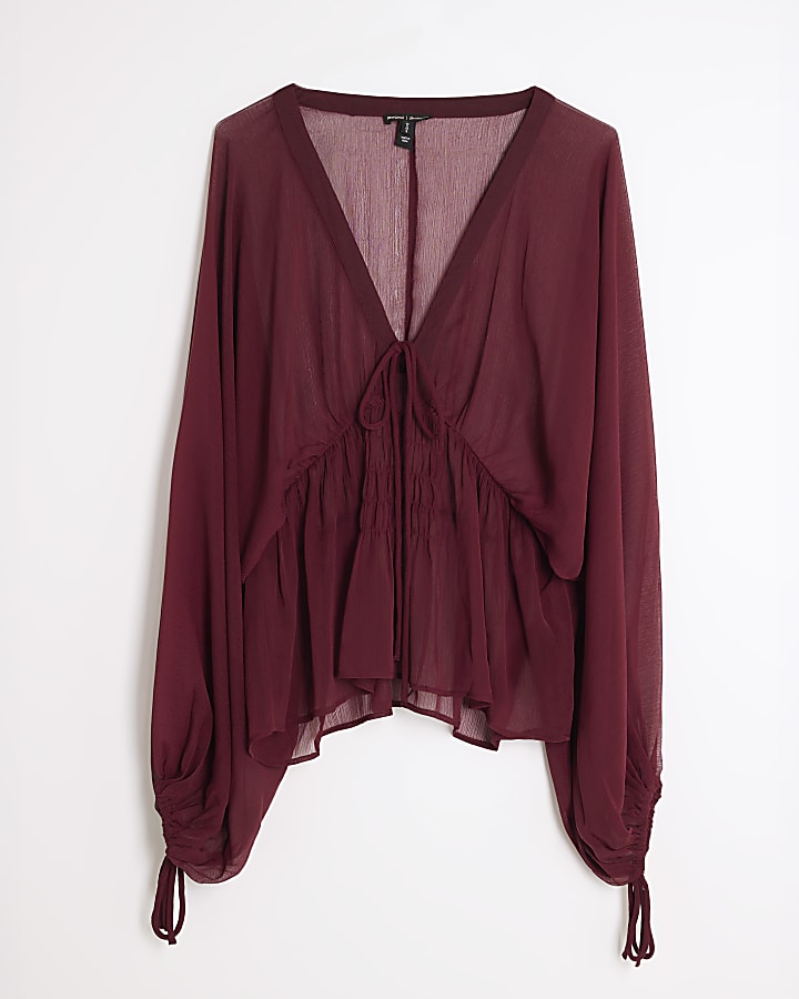 Red Long Sleeve Smocked Blouse
