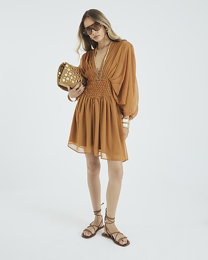Yellow Long Sleeve Smock Mini Dress